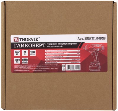 Гайковерт ударный аккумуляторный бесщеточный Thorvik BBIW341700DNB (3/4"DR, 21 В, 1700 Нм, без АКБ и З/У)