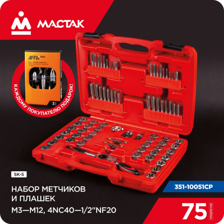 Набор метчиков и плашек SK-5 M3-M12, 1/8"-1/2", кейс, 75 предметов, в комплекте набор пассатижей МАСТАК 351-00075CP