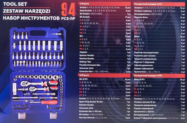 Набор инструментов 94пр. 1/4'', 3/8''(6гр.)(4-22)