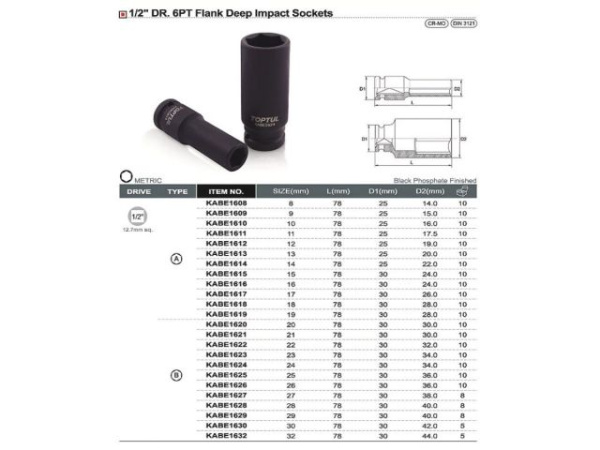 Головка ударн. 1/2"  8мм 6гр. глубокая TOPTUL