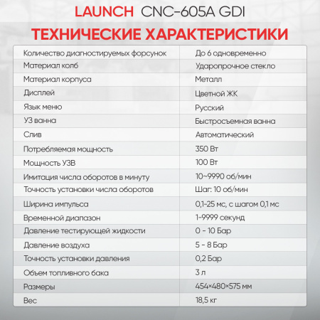 Установка для тестирования и очистки форсунок FSI, GDI и MPI Launch CNC-605A GDI LNC-104