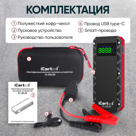 Пусковое устройство 12В, 20 000 мАч, 1000/2000А iCartool IC-JSL20