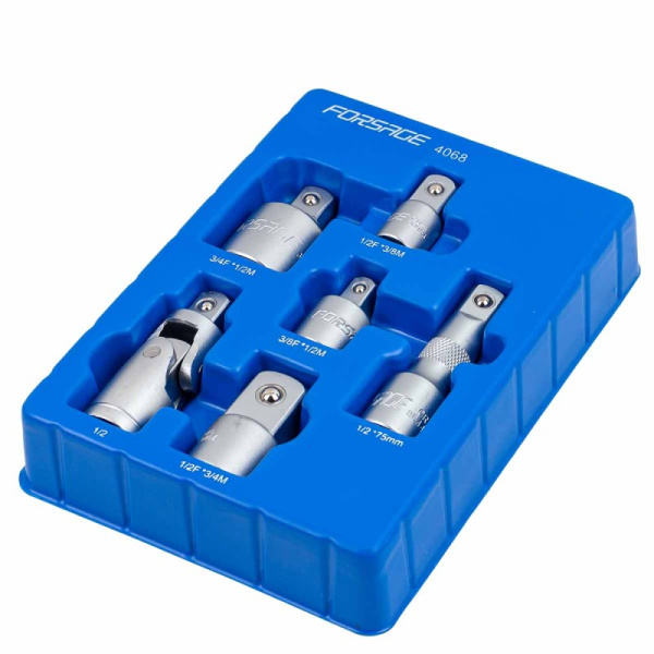 Набор адаптеров 6пр(3/8''(F)x1/2''(M),1/2''(F)x3/8''(M),1/2''(F)x3/4''(M),3/4''(F)x1/2''(M),удлинитель 125мм, кардан 1/2''),в ложементе