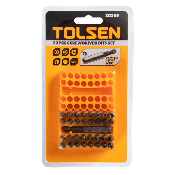 Набор вставок (бит) 1/4" Security hex, TorxTR, Spaner, Torg-Set, Tri-Wing 33 предмета TOLSEN TT20369