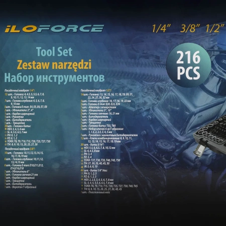 Набор инструментов 216пр. 1/4''3/8''1/2''(6гр, 12гр)