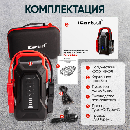 Пусковое устройство iCartool IC-JSL32 (12 В, 32000 мАч, 2000/4000 А)