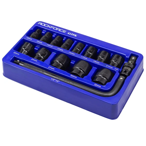 Набор головок ударных 15пр. 1/2''(6-гр.) (10,12, 13, 14, 15, 17, 19, 21, 22, 24, 27, 30, 32мм) в ложементе