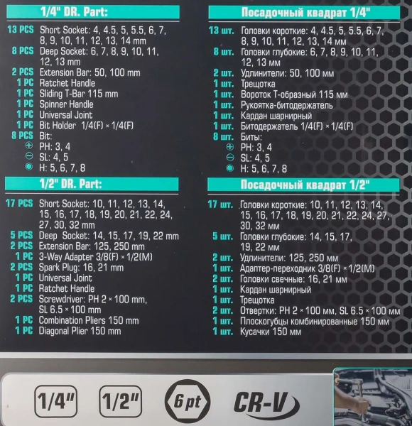 Набор инструментов 69пр.,1/4'',1/2'',(6гр.)(4-32мм)