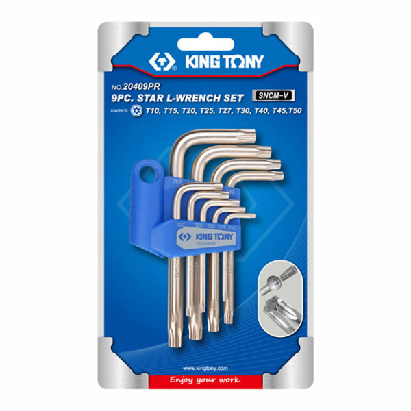 Набор Г-образных TORX, T10-T50, короткие с отверстием, 9 предметов KING TONY 20409PR