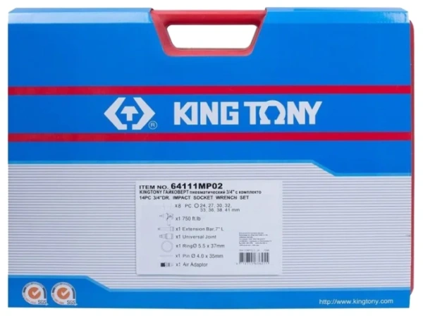 Гайковерт пневматический ударный KING TONY 64111MP02, 3/4", 1085 Нм, с комплектом головок, 14 предметов