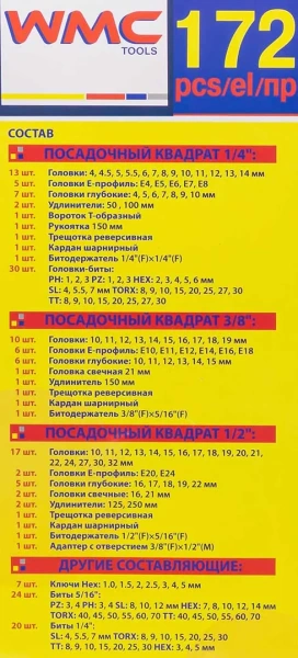 Набор инструментов 172пр. 1/4'', 3/8'', 1/2''(6гр.)(4-32мм)