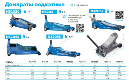Домкрат подкатной 3 тонн 120-450 мм с резиновой насадкой NORDBERG N32030
