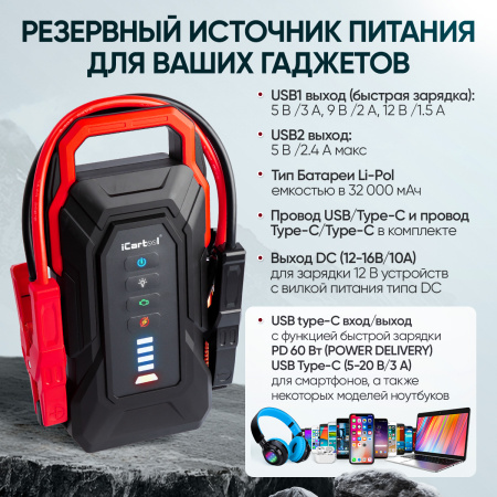 Пусковое устройство iCartool IC-JSL32 (12 В, 32000 мАч, 2000/4000 А)