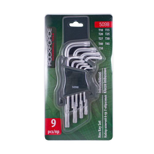 Набор ключей Г-образных TORX 9пр.(Т10, Т15, Т20, Т25, Т27, Т30, Т40, Т45, Т50)в пластиковом держателе