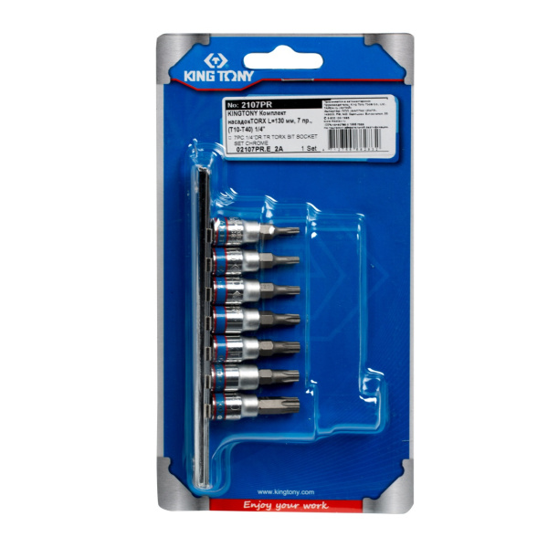 Набор торцевых насадок 1/4" TORX, Т10-Т40 мм, L = 37 мм, 7 предметов KING TONY 2107PR