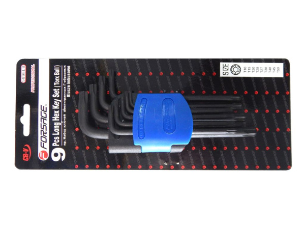 Набор ключей TORX Г-образных длинных с шаром, 9пр. (Т10, Т15, Т20, Т25, Т27, Т30, Т40, Т45, Т50),в пластиковом держателе