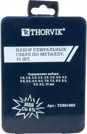 Набор спиральных сверл TDBS19K5 по металлу HSS Co в металлическом кейсе, d1.0-10.0 мм