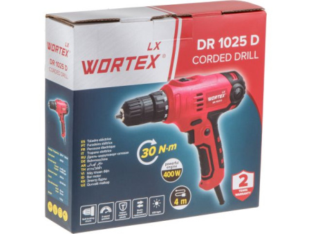 Дрель-шуруповерт WORTEX LX DR 1025 D в кор. 400 Вт, 30 Нм, 2 скор., БЗП 0.8-10 мм, 4 м шнур