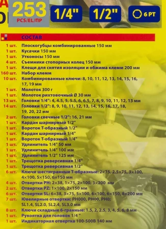 Набор инструментов 253пр. 1/4'', 1/2''6гр. (4-22мм) с комплектом пластиковых ложементов